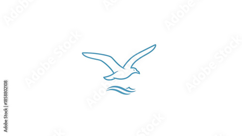 A minimalist blue line drawing of a seagull flying over gentle waves