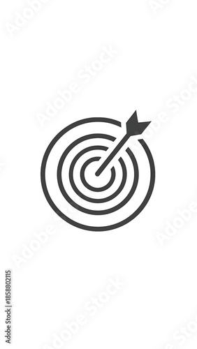 A dark gray, minimalist icon depicts a dart piercing the bullseye of a concentric circle target