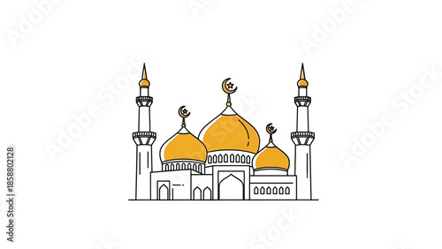 Stylized mosque with golden domes and minarets, featuring crescent moons