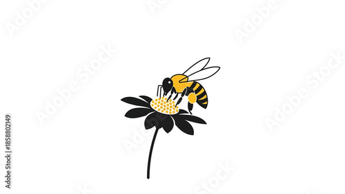 A stylized yellow and black bee collects nectar from a dark flower