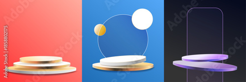 Vector illustration. Set of 3D realistic podiums and platforms for product presentation. Abstract futuristic backdrops with geometric shapes, cylinders, neon glows, and gradients. Elegant stage