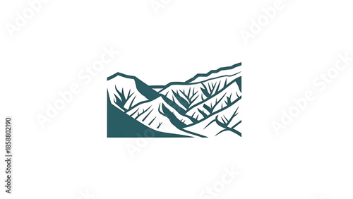 Stylized, sharp, geometric mountain peaks and valleys in a teal hue