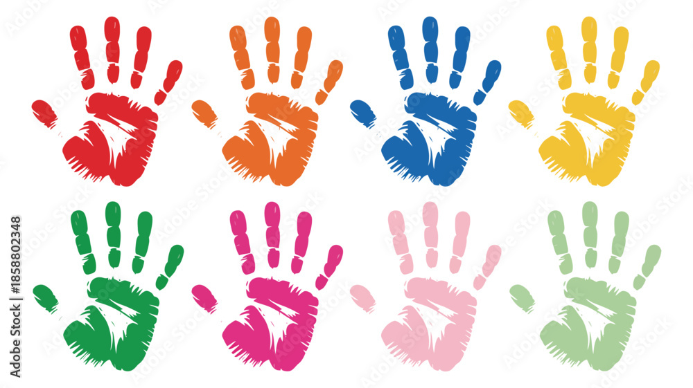 Fototapeta premium Colorful Child Handprint Collection Vector Illustration Featuring Left and Right Handprints Set for Kids Art Projects Preschool Activities Creative Designs Greeting Cards Posters Educational Crafts