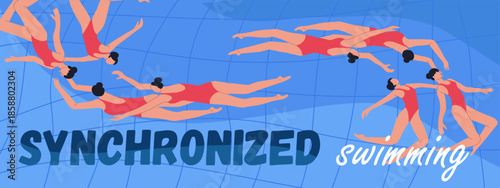 Text synchronized swimmin, women's team performance Hand drawn vector illustration.