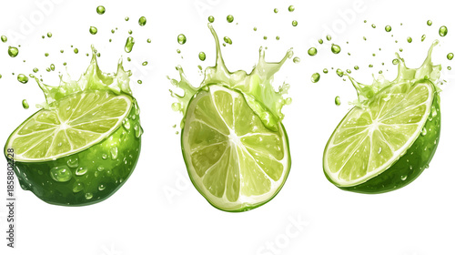 Juicy lime slices splashing on in bright light