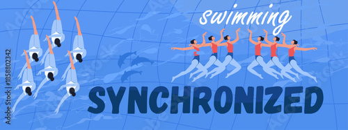 Text synchronized swimmin, women's team performance Hand drawn vector illustration.