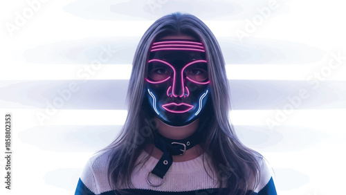 A person wearing a black mask with glowing neon pink and blue lines, against a bright background