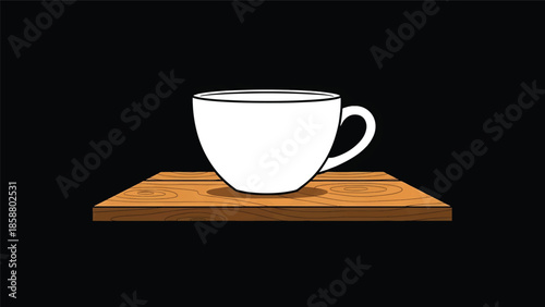A simple white mug rests on a textured wooden plank against a black background