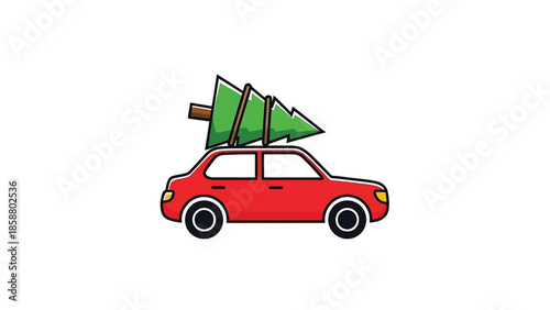 A stylized red car with a Christmas tree secured to its roof
