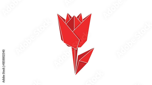 Red origami tulip with clean lines, minimalist geometric style