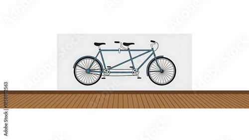 A stylized, blue, two-person bicycle with black seats and handlebars rests on a wooden deck