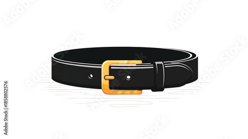 A black leather belt with a shiny gold buckle and a loop, on a white background