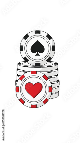 Stacked poker chips, one with a red heart, another with a black spade