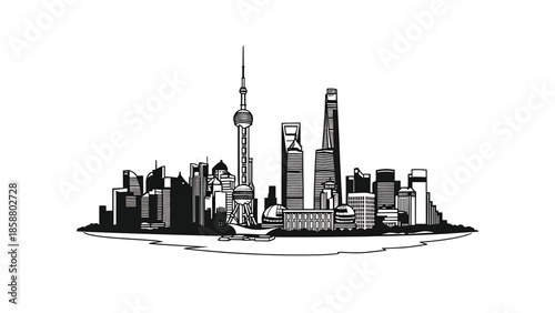Stylized black and white silhouette of a modern city skyline along a waterfront, featuring diverse skyscrapers