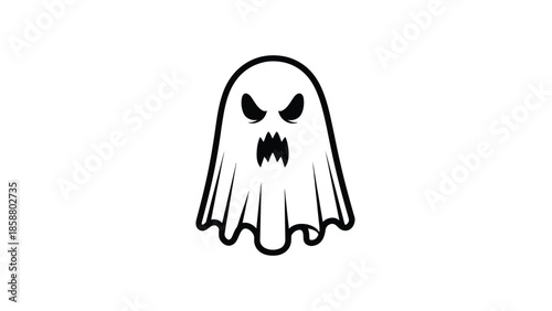 Stylized, angry black ghost silhouette with sharp teeth and glowing eyes