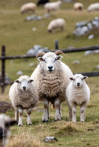 Three sheep, a horned adult and two lambs, standing watch in a grassy field