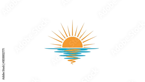 Stylized sun with rays setting over rippling water