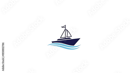 Minimalist dark blue sailboat on abstract light blue waves