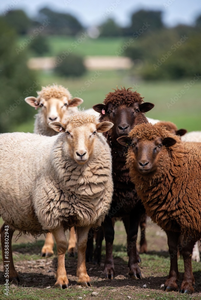 Fototapeta premium A small group of curious sheep with diverse wool colors standing in a green field.