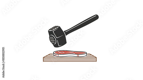 A meat tenderizer is poised above a raw steak on a wooden cutting board