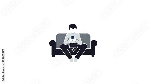 Person on sofa with cat on lap, holding smartphone