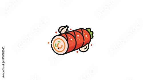 Stylized cartoon of a rolled food item with garlic cloves and decorative dots