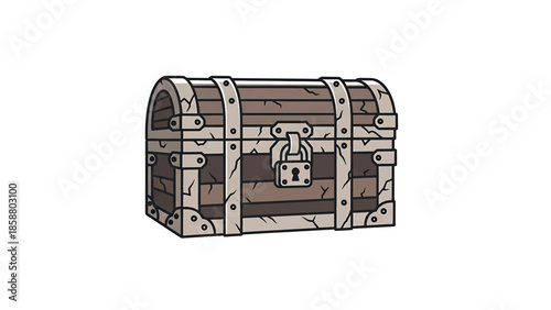 A detailed illustration of a wooden treasure chest with metal reinforcements and a lock