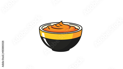 A stylized illustration of a black and yellow bowl filled with swirled orange dip against a white background