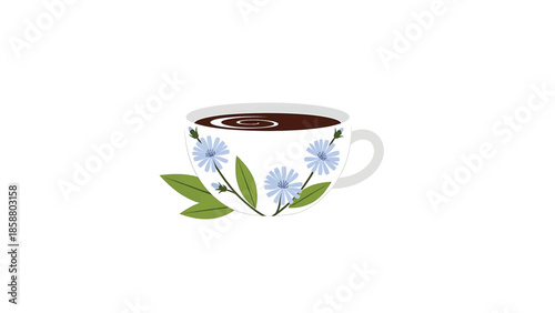 A white mug with blue flowers and green leaves, filled with dark liquid