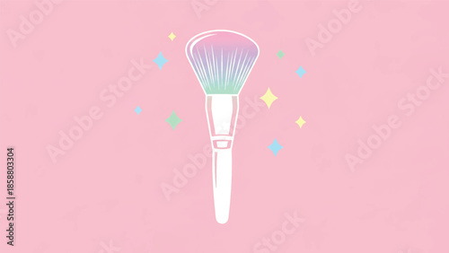A fluffy makeup brush with a rainbow-hued tip on a pastel pink background with stars