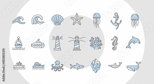 Ocean and sea life themed icon set with various marine elements.