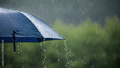 Blue umbrella protecting from heavy rain in the green field