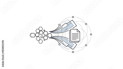 Data flow from geometric shapes to documents, enclosed by abstract circles