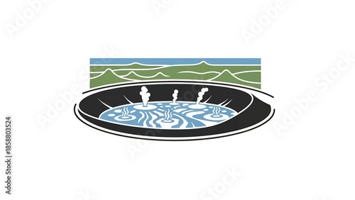 Stylized view of steaming geysers within a circular basin, framed by rolling hills