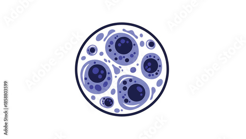 Abstract depiction of round, purple cellular structures within a circular frame