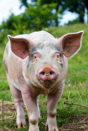 Curious pink pig with a septum ring stands confidently in a vibrant green