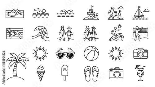 Collection of black and white summer vacation and beach themed outline icons