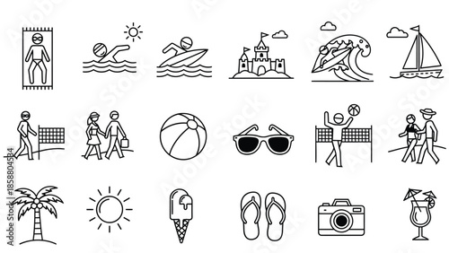 Summer vacation icons depicting beach activities sun and seaside relaxation