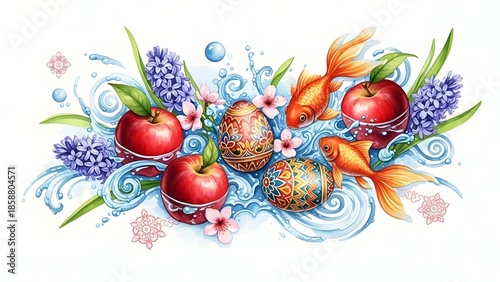 nowruz illustration for Persian Iranian new year, hyacinth goldfish red apple painted eggs watercolor on white background spring