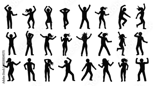 Diverse collection of black silhouette figures in various dynamic poses