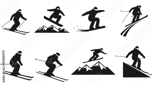 Silhouettes of skiers and snowboarders in various active poses on the slopes