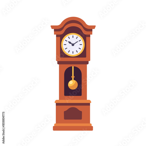 Tall wooden grandfather clock with pendulum case, icon, isolated flat style vector illustration