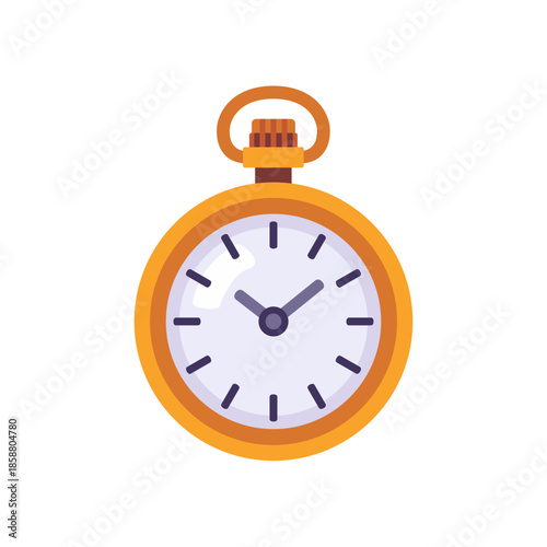 Golden pocket watch with round analog dial, icon, isolated flat style vector illustration