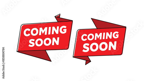 Two vibrant red banners announce coming soon with bold white text