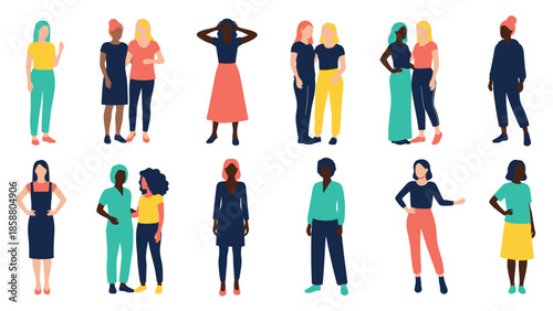 Diverse group of illustrated women in various poses and colorful outfits