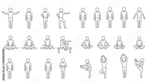 Diverse yoga poses illustrated with simple line art figures in a grid