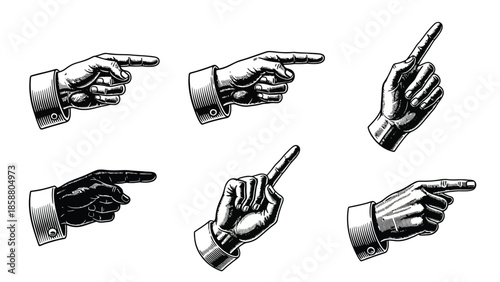 A collection of vintage style pointing hands in black and white illustration