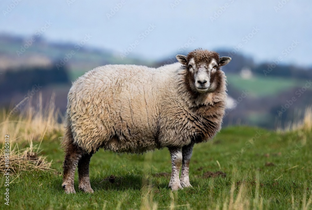 Fototapeta premium A shaggy domestic sheep with light and dark brown wool stands on a green pasture.