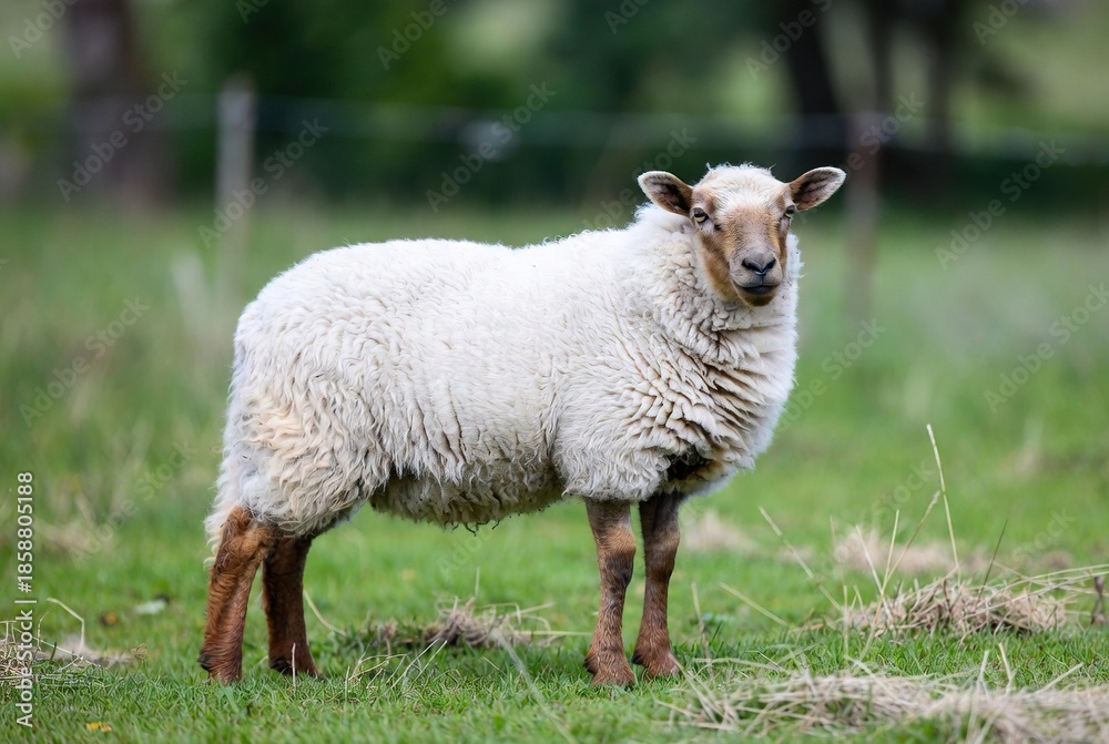 Fototapeta premium A fluffy white sheep with brown legs and face standing in a green pasture