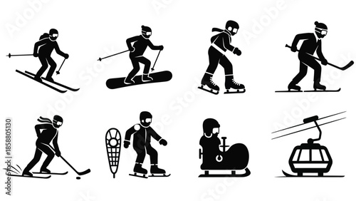 Winter sports icons featuring skiing snowboarding skating and other activities